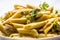 Pasta pene with chicken pieces mushrooms parmesan cheese sauce a