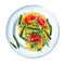 Pasta penne rigate with vegetables on plate