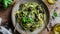 Pasta with pesto and olives in ceramic bowl. Gourmet and Mediterranean cuisine concept