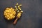 Pasta in a plate on a concrete dark background. Top view copy space