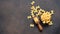 Pasta in a plate on a concrete dark background. Top view copy space