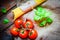 Pasta preparation set- spagetti, tomatoes and basil