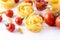 Pasta Products with Tomato Cheese Raw Pasta Fusili Fettuccine Ingredients Italian Food White Background Close Up Copy Space