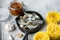 Pasta with red pesto and shrimps ingredients, on gray stone background