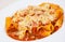 Pasta rigatoni with tomato sauce and cheese