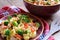 Pasta salad with chicken meat, broccoli, chilli and peppers