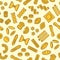 Pasta seamless pattern. Vector background with italian noodle, fusilli, macaroni, ravioli, spaghetti, pasta.