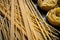 Pasta shapes, spaghetti and tagliatelle, italian cuisine ingredients on a wooden background
