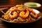 Pasta with shrimp and herbs in a plate