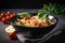 pasta, shrimps and cherry tomatoes in green salad bowl