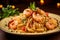 Pasta with shrimps on a plate on a wooden background