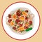 Pasta with spagetti, meat sause, tomatoes and herbs, vector illustration