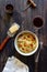 Pasta spaghetti carbonara on a wooden background. Italian cuisine. Recipe. Rustic style. Wine