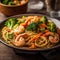 Pasta spaghetti with shrimps on the table. Generative AI.