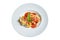 Pasta stewed in tomatoes and tomato sauce. On white background.