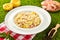 Pasta tagliatelli carbonara. Traditional italian dish of pasta with pancetta, ham, egg, hard parmesan cheese and cream sauce