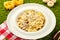 Pasta tagliatelli with chiken, mashrooms and cream sauce