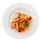 Pasta with tomato sauce and langoustines, isolated