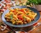 pasta with tomatoes and beans in a plate on a table