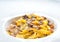 Pasta with truffles, typical autumn dish.Restaurant menu dish.