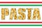 Pasta word spelled out in large bold thick text font with Italian flag stripes food background