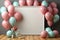 Pastel balloons and frame, confetti, top view birthday mockup