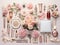 Pastel Beauty Flat Lay of Makeup Products Artfully Arranged with Flowers