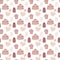 Pastel beige painted pattern with drawn strawberries, jam jar, berry muffin, hearts. Seamless print for textiles, menus, stickers