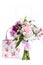 Pastel bouquet from pink and purple gillyflowers on white with g