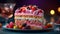 Pastel cake on plate decorated with flowers and berries