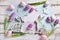Pastel color easter flat lay with tulips and bunnies