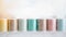 The pastel color embroidery thread spool using in garment industry, row of multicolored yarn rolls, sewing material selling in the