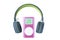 Pastel color headphones and pink color mp3 player on white background, Modern electronic gadgets