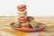 Pastel color macarons on plate gourmet dessert baking french pastry