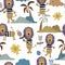 Pastel color seamless pattern. Lion, palm, sun and flower.