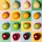Pastel colored background concept with various fresh fruits. Fruit pattern with colorful background  top view.