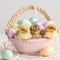 A pastel colored basket with colored eggs and baby chicks - generative ai