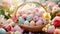 pastel-colored Easter basket filled with chocolate bunnies, decorated eggs, and spring flowers. The image exudes the sweetness and