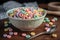 Pastel colored froot loops with small spoon. Delicious fruit cereal rings. Generative AI