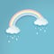 Pastel colored rainbow with cartoon rainy clouds on the blue background. Silver bows with the cloud shape labels.