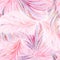 Pastel-colored seamless feather pattern. Seamless glamor background with light pink watercolor feathers of bird