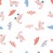 Pastel colored vector seamless pattern of dinosaurs and striped clouds.