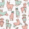 Pastel colors cartoon alpaca llamas herd seamless pattern. Hand drawn