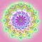 Pastel colors central flower mandala in green, yellow, purple, aquamarine colors, plane light purple background