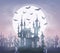 Pastel colors pink and violet moonlight witch castle with giant moon and bats silhouettes. Vector Halloween poster