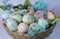 Pastel colour easter eggs with flowers in basket