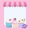 Pastel cupcake shop and white background