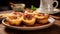 Pastel de Nata, Portuguese custard tarts, on a ceramic plate