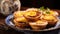 Pastel de Nata, Portuguese custard tarts, on a ceramic plate