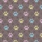 Pastel doodle paw print with brown background seamless pattern